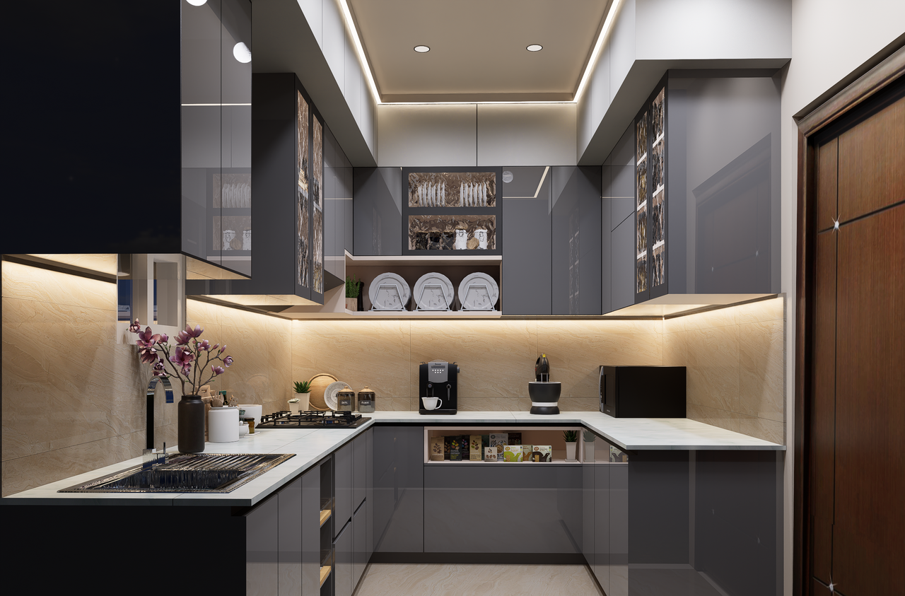 Elegant modern kitchen featuring gray cabinets, sleek appliances, and under-cabinet lighting.